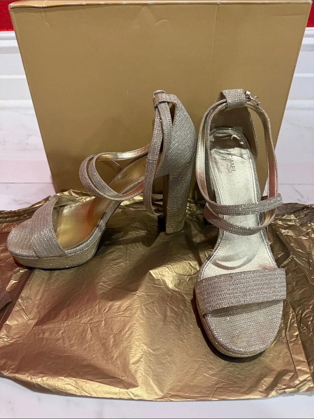MICHAEL Michael Kors Gold Glitter Block Heel Sandals